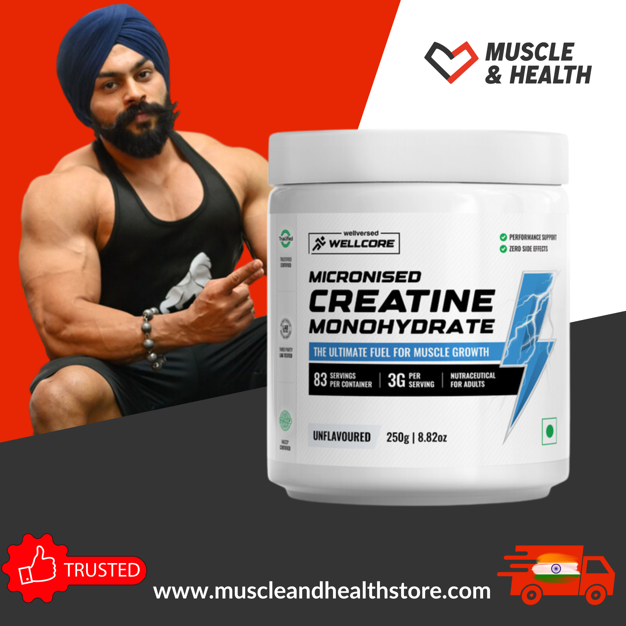 Wellcore - Micronised Creatine Monohydrate (250g, 83 Servings) | 100% Pure Creatine | Unflavored | Supports Athletic Performance and Power